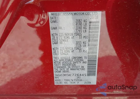 2019 Nissan Rogue Sv from USA, damaged, VIN 5N1AT2MT5KC726445